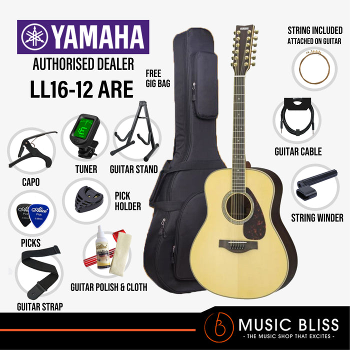 Yamaha LL16-12 ARE Original Jumbo 12-String Acoustic-Electric Guitar with FREE Hard Bag Package - Natural - Music Bliss Malaysia