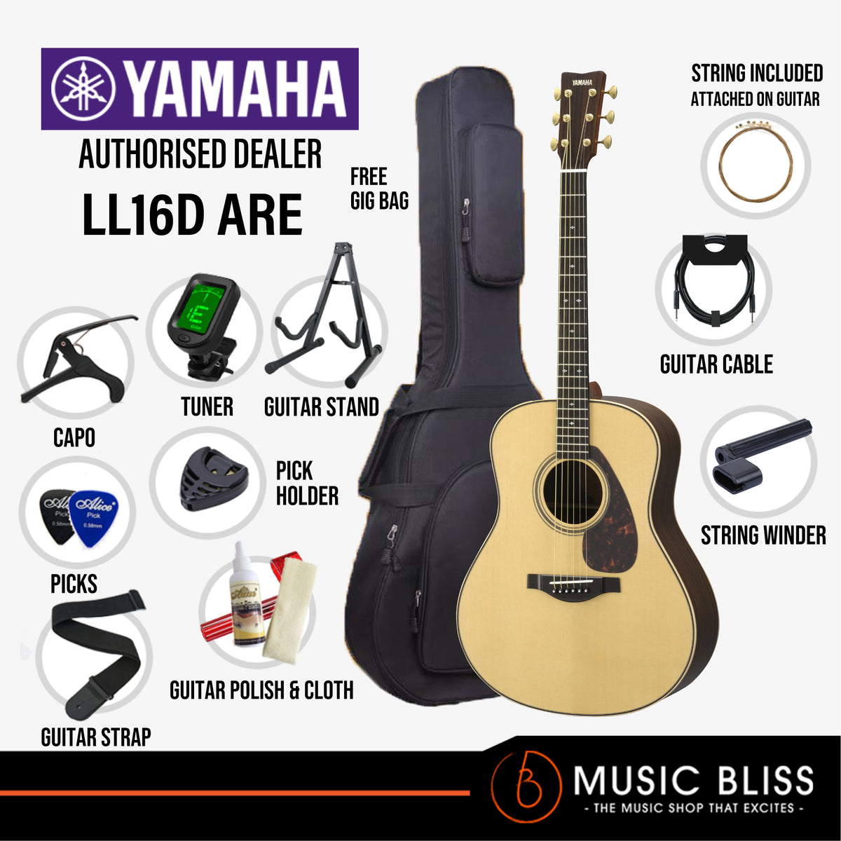 Yamaha LL16D ARE Original Jumbo Acoustic-electric Guitar with FREE 