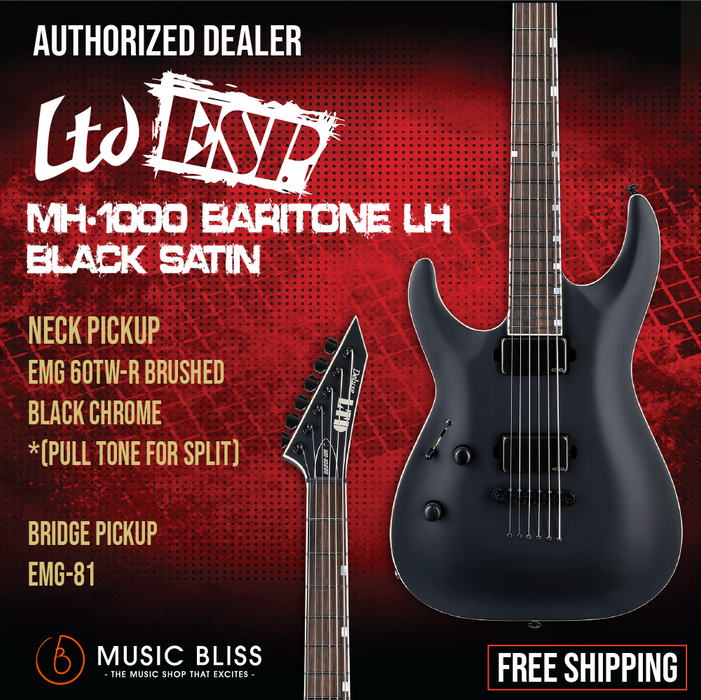 ESP LTD MH-1000 Baritone Left Handed Electric Guitar - Black Satin - Music Bliss Malaysia