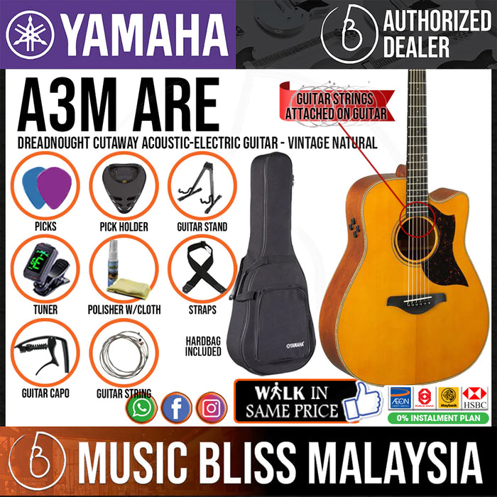 Yamaha A3M ARE Dreadnought Cutaway Acoustic-Electric Guitar with Hard Bag
