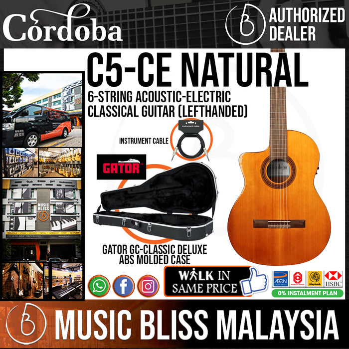 Cordoba C5-CE Cedar Left-Handed with Free Classical Guitar Bag - Solid Canadian Cedar Top, Mahogany Back & Sides with Pickup (C5CE), Mid Range Electric-Classical Guitar