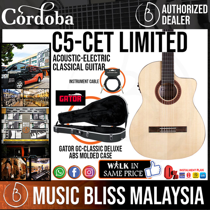 Cordoba C5-CET Limited - Solid Spruce Top, Maple Back & Sides with Pickup with Classical Guitar Bag, Mid Range Thinline Electric-Classical Guitar