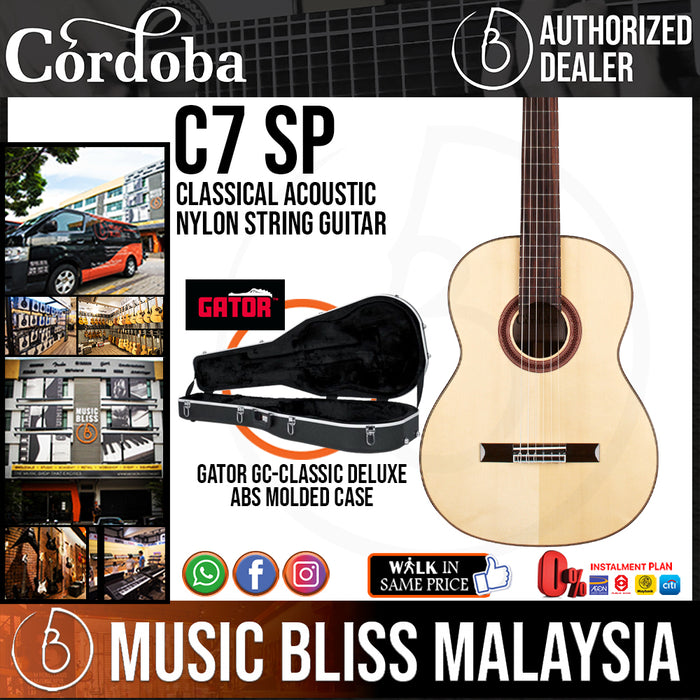 Cordoba C7 SP Guitar Pack - Solid European Spruce Top, Layered Rosewood Back & Sides, Best Classical Guitar For Intermediate Players