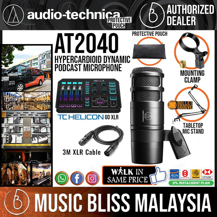 Audio Technica AT2040 Dynamic Microphone with TC-Helicon Go XLR Mixer, XLR Cable and Table Top Mic Holder - Music Bliss Malaysia