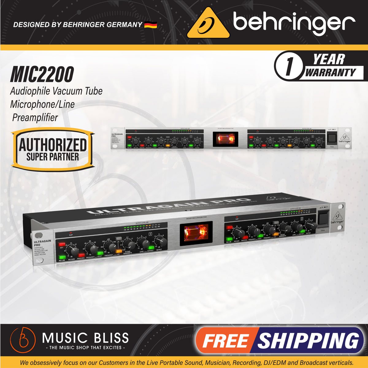 Behringer MIC2200 V2 2-channel Tube Microphone Preamp | Music