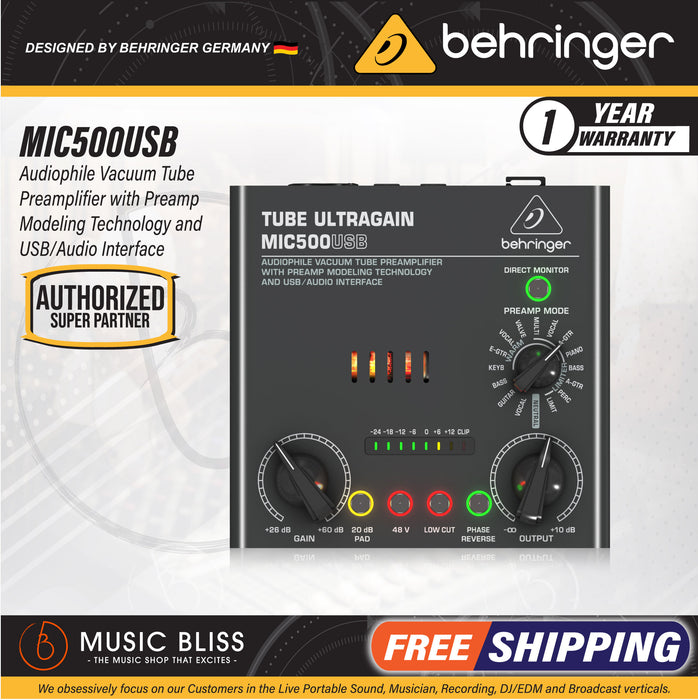 Behringer MIC500USB Audiophile Vacuum Tube Preamplifier - Music Bliss Malaysia