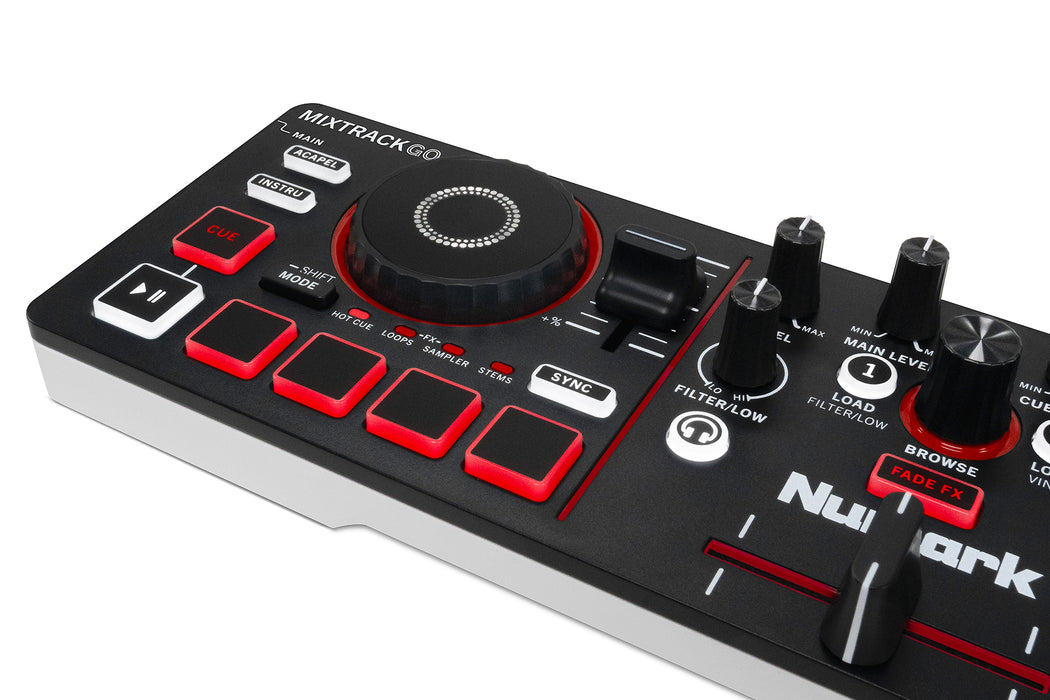 Numark MixTrack Go 2-Deck DJ Controller, Budget Portable DJ Mixer with Stems Control, Bluetooth MIDI & Serato DJ Lite Support
