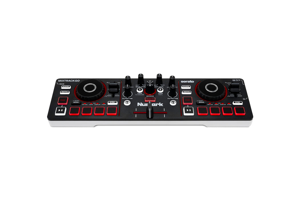 Numark MixTrack Go 2-Deck DJ Controller, Budget Portable DJ Mixer with Stems Control, Bluetooth MIDI & Serato DJ Lite Support
