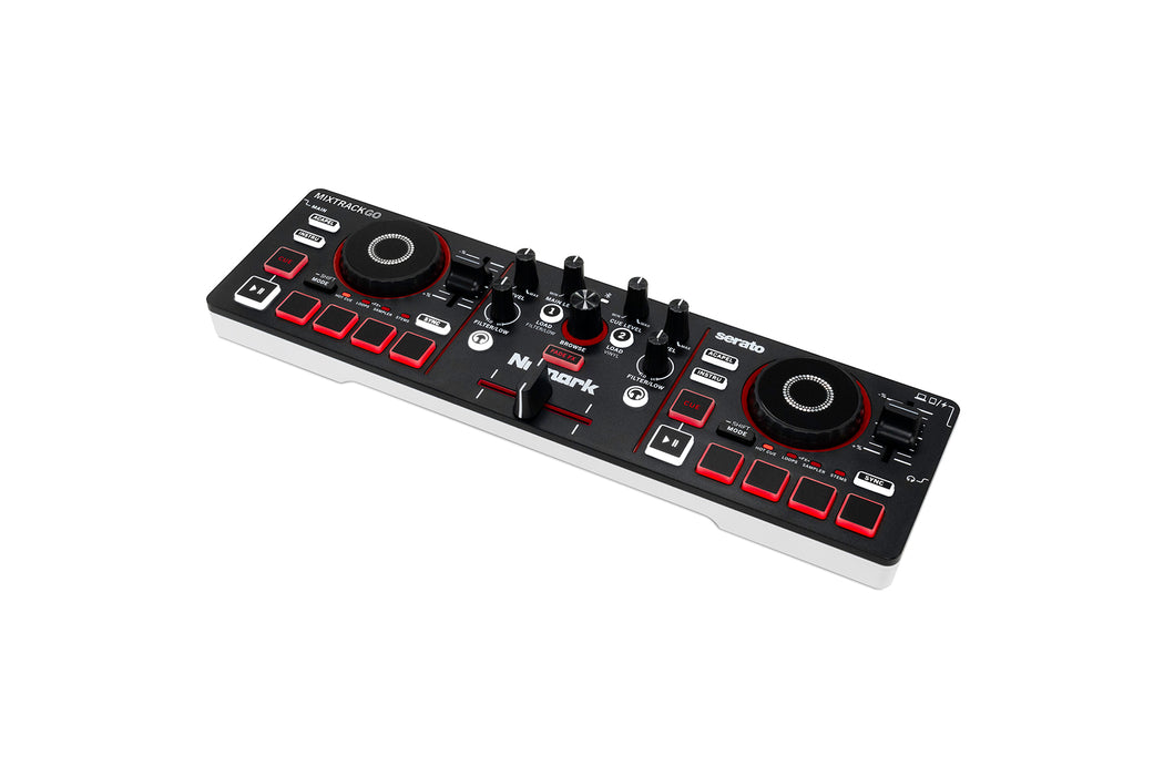 Numark MixTrack Go 2-Deck DJ Controller, Budget Portable DJ Mixer with Stems Control, Bluetooth MIDI & Serato DJ Lite Support