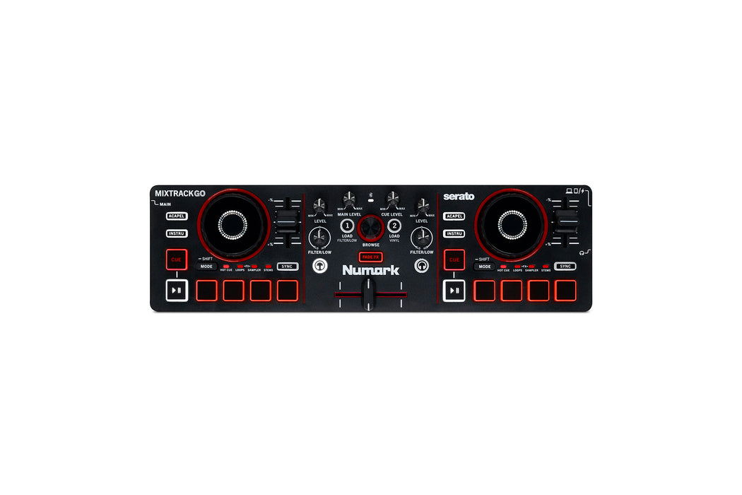 Numark MixTrack Go 2-Deck DJ Controller, Budget Portable DJ Mixer with Stems Control, Bluetooth MIDI & Serato DJ Lite Support