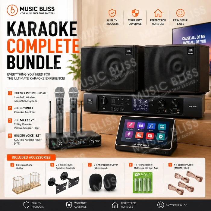 Complete Karaoke System Package with Dual Wireless Microphone System, JBL MK12 12" Passive Speakers, Karaoke Amplifier & 4TB Karaoke Player