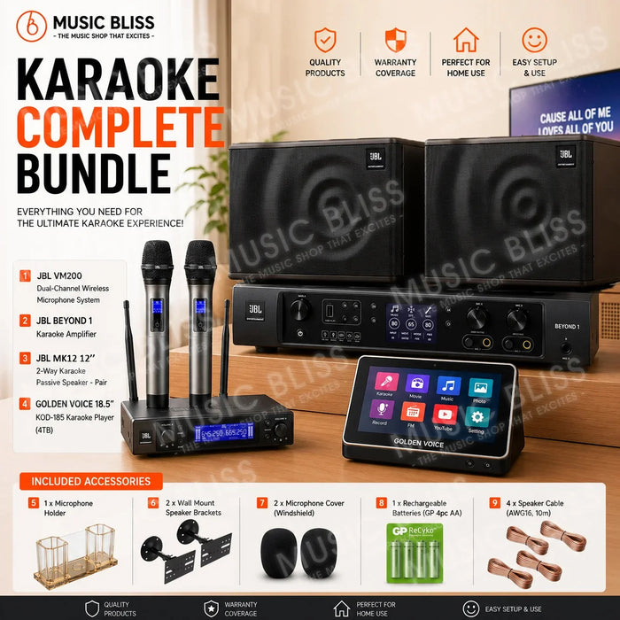 Complete Karaoke System Package with Dual Wireless Microphone System, JBL MK12 12" Passive Speakers, Karaoke Amplifier & 4TB Karaoke Player