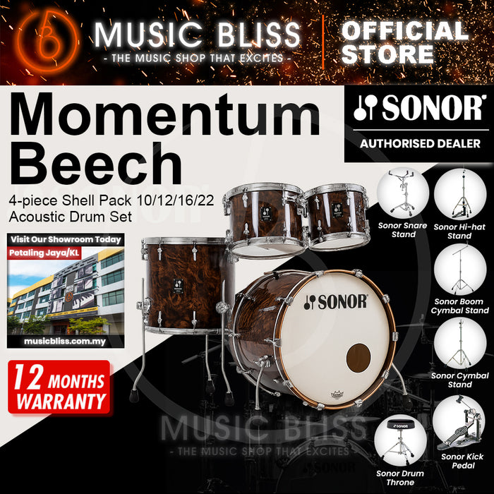 Sonor Momentum Beech 4-piece Shell Pack 10/12/16/22 Acoustic Drum Set - California Burl Veneer