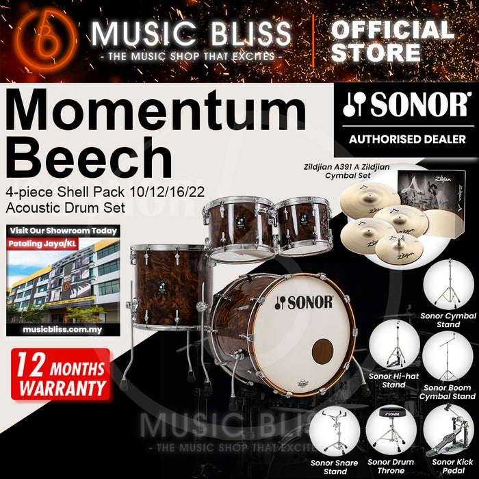 Sonor Momentum Beech 4-piece Shell Pack 10/12/16/22 Acoustic Drum Set - California Burl Veneer