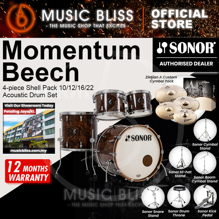 Sonor Momentum Beech 4-piece Shell Pack 10/12/16/22 Acoustic Drum Set - California Burl Veneer
