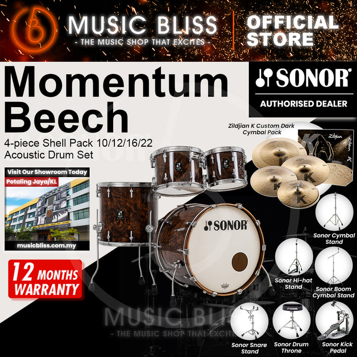 Sonor Momentum Beech 4-piece Shell Pack 10/12/16/22 Acoustic Drum Set - California Burl Veneer