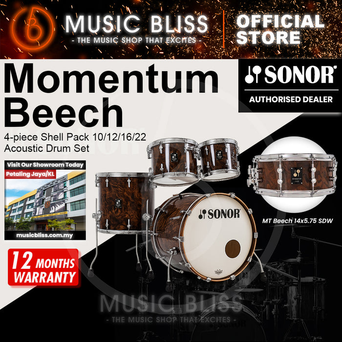 Sonor Momentum Beech 4-piece Shell Pack 10/12/16/22 Acoustic Drum Set - California Burl Veneer