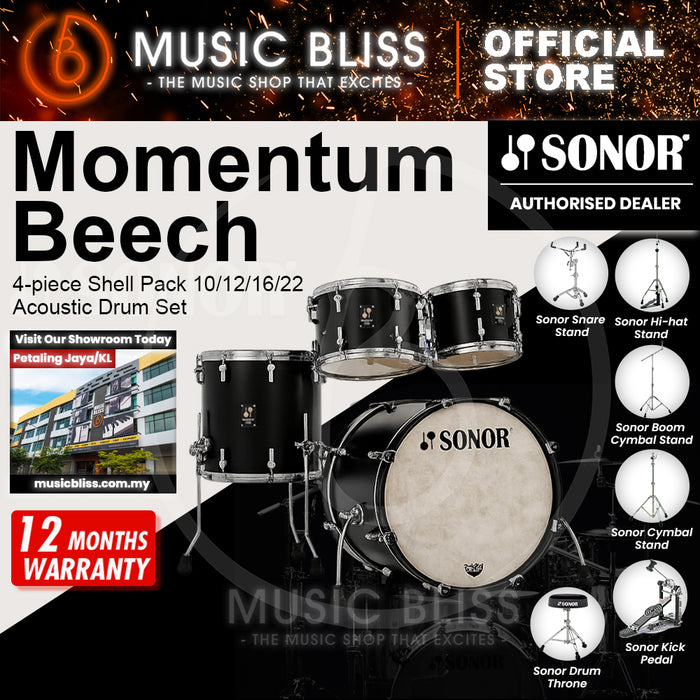 Sonor Momentum Beech 4-piece Shell Pack 10/12/16/22 Acoustic Drum Set - GT Black Lacquered