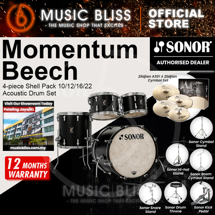 Sonor Momentum Beech 4-piece Shell Pack 10/12/16/22 Acoustic Drum Set - GT Black Lacquered