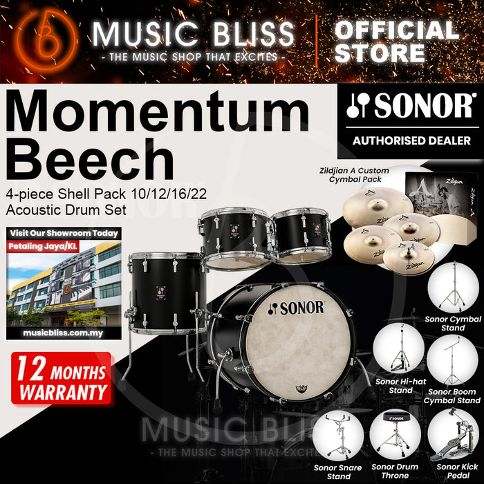 Sonor Momentum Beech 4-piece Shell Pack 10/12/16/22 Acoustic Drum Set - GT Black Lacquered