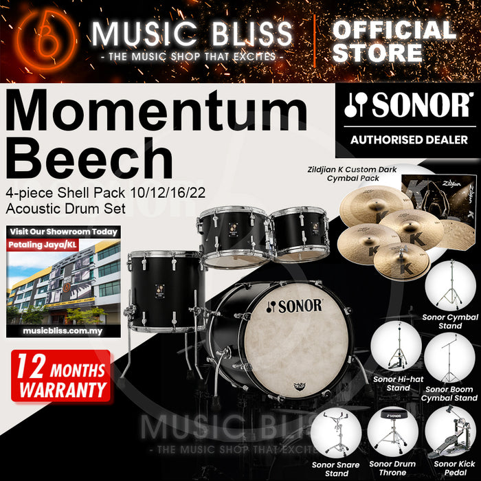 Sonor Momentum Beech 4-piece Shell Pack 10/12/16/22 Acoustic Drum Set - GT Black Lacquered