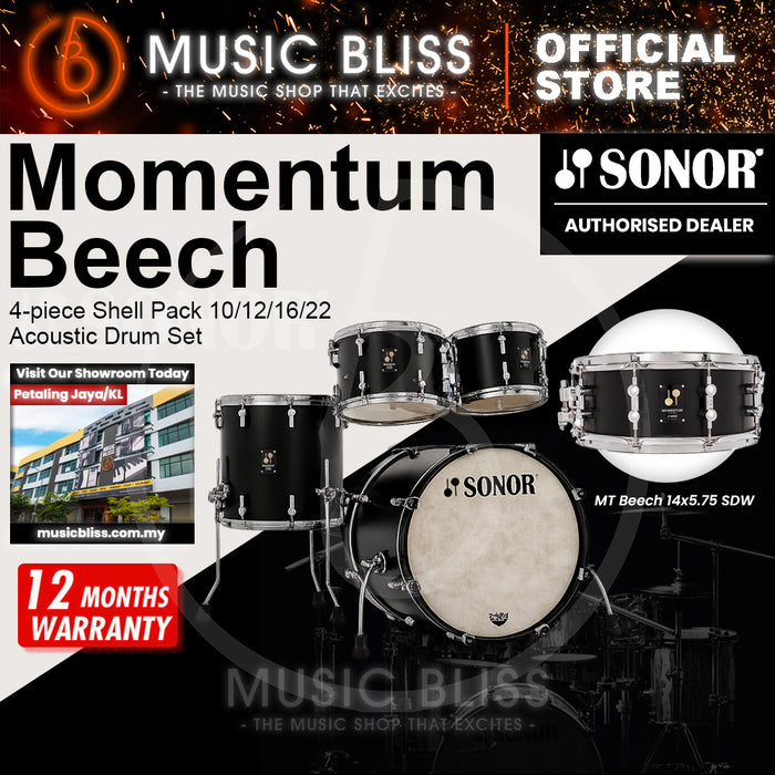 Sonor Momentum Beech 4-piece Shell Pack 10/12/16/22 Acoustic Drum Set - GT Black Lacquered