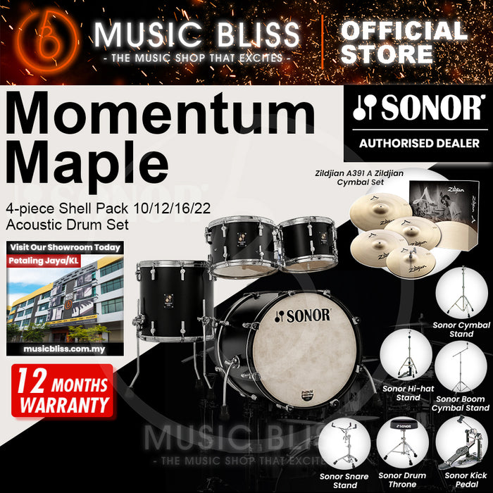 Sonor Momentum Maple 4-piece Shell Pack 10/12/16/22 Acoustic Drum Set - GT Black Lacquered