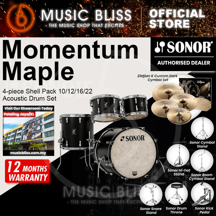 Sonor Momentum Maple 4-piece Shell Pack 10/12/16/22 Acoustic Drum Set - GT Black Lacquered