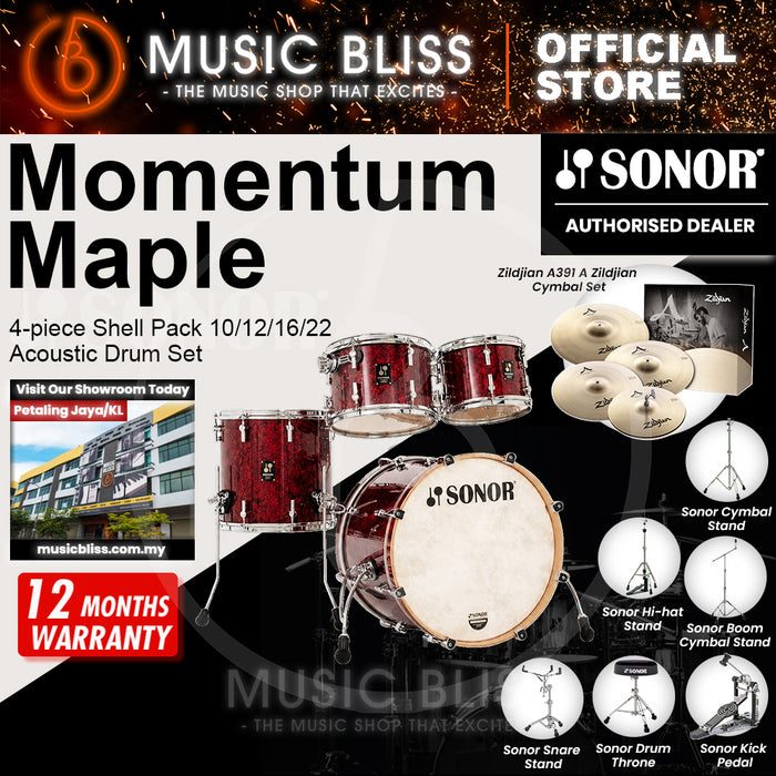 Sonor Momentum Maple 4-piece Shell Pack 10/12/16/22 Acoustic Drum Set - Red Pearl Wrap