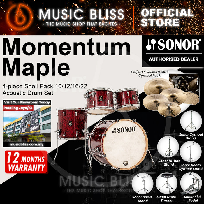Sonor Momentum Maple 4-piece Shell Pack 10/12/16/22 Acoustic Drum Set - Red Pearl Wrap