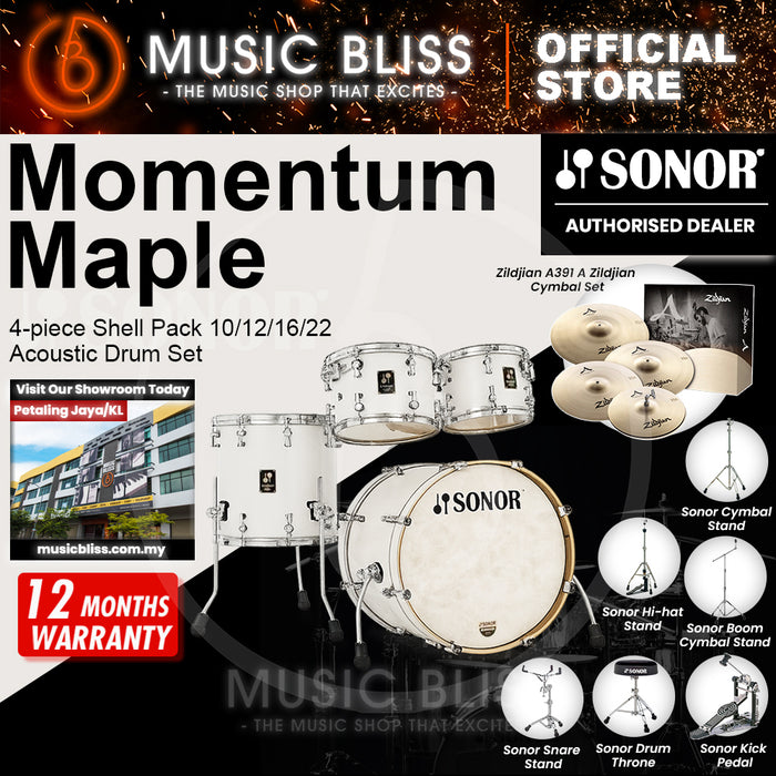 Sonor Momentum Maple 4-piece Shell Pack 10/12/16/22 Acoustic Drum Set - Satin Pure White Lacquered