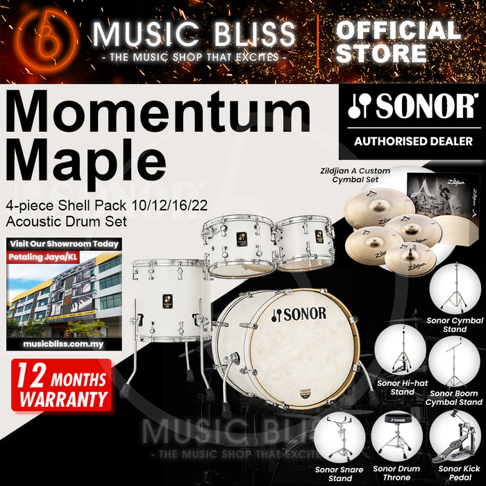 Sonor Momentum Maple 4-piece Shell Pack 10/12/16/22 Acoustic Drum Set - Satin Pure White Lacquered