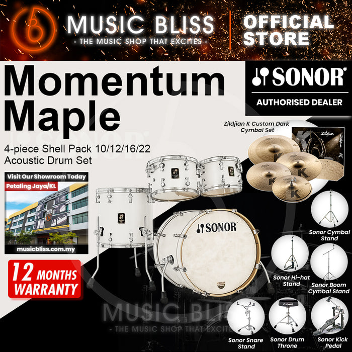 Sonor Momentum Maple 4-piece Shell Pack 10/12/16/22 Acoustic Drum Set - Satin Pure White Lacquered
