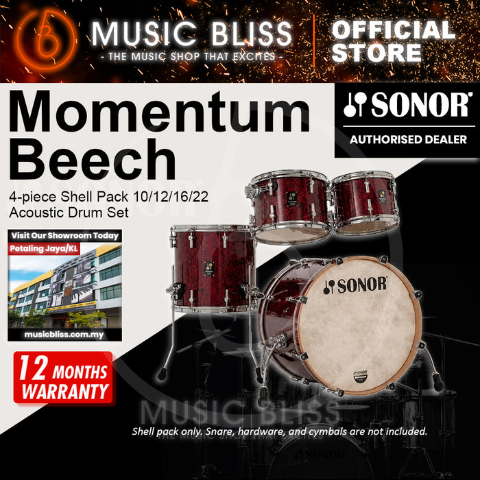Sonor Momentum Beech 4-piece Shell Pack 10/12/16/22 Acoustic Drum Set - Red Pearl Wrap