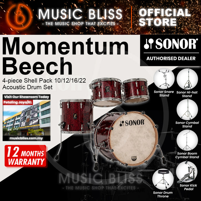 Sonor Momentum Beech 4-piece Shell Pack 10/12/16/22 Acoustic Drum Set - Red Pearl Wrap