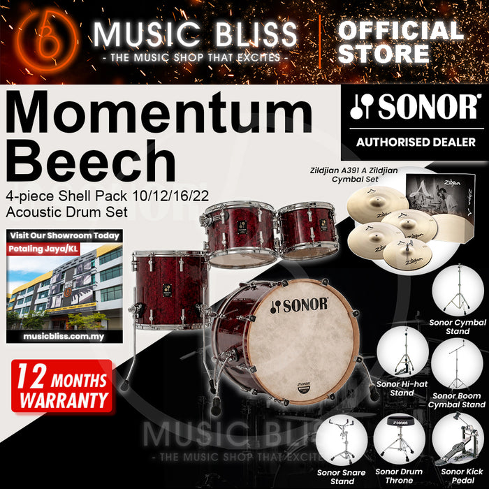 Sonor Momentum Beech 4-piece Shell Pack 10/12/16/22 Acoustic Drum Set - Red Pearl Wrap