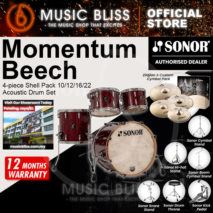 Sonor Momentum Beech 4-piece Shell Pack 10/12/16/22 Acoustic Drum Set - Red Pearl Wrap