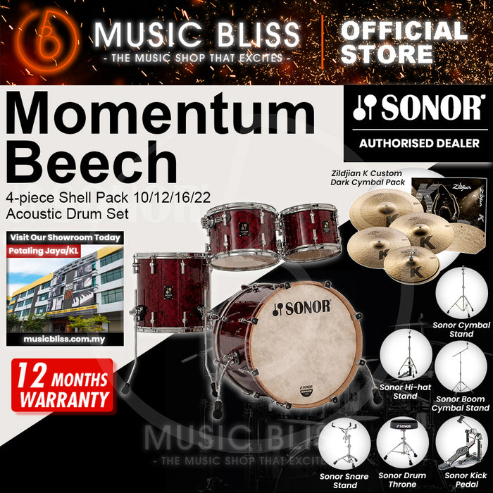 Sonor Momentum Beech 4-piece Shell Pack 10/12/16/22 Acoustic Drum Set - Red Pearl Wrap