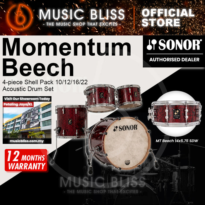 Sonor Momentum Beech 4-piece Shell Pack 10/12/16/22 Acoustic Drum Set - Red Pearl Wrap