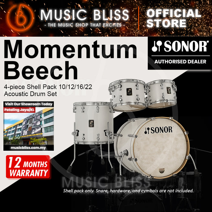 Sonor Momentum Beech 4-piece Shell Pack 10/12/16/22 Acoustic Drum Set - Satin Pure White Lacquered
