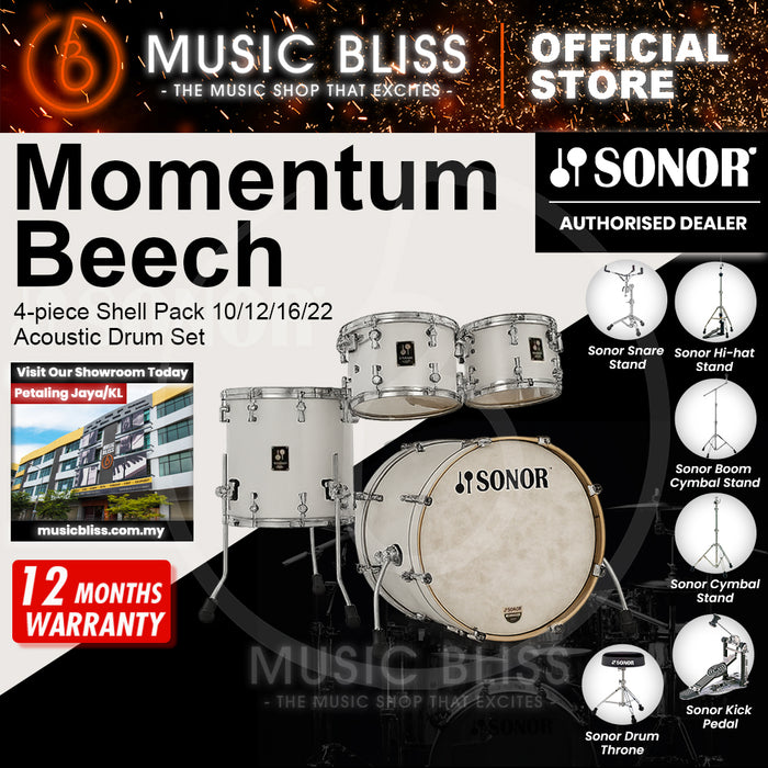 Sonor Momentum Beech 4-piece Shell Pack 10/12/16/22 Acoustic Drum Set - Satin Pure White Lacquered