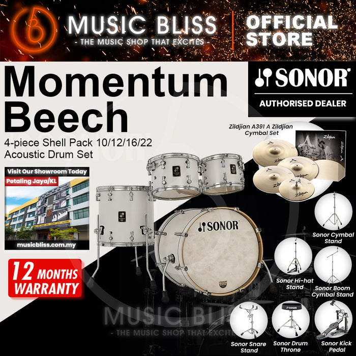 Sonor Momentum Beech 4-piece Shell Pack 10/12/16/22 Acoustic Drum Set - Satin Pure White Lacquered