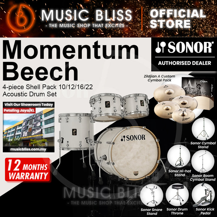 Sonor Momentum Beech 4-piece Shell Pack 10/12/16/22 Acoustic Drum Set - Satin Pure White Lacquered
