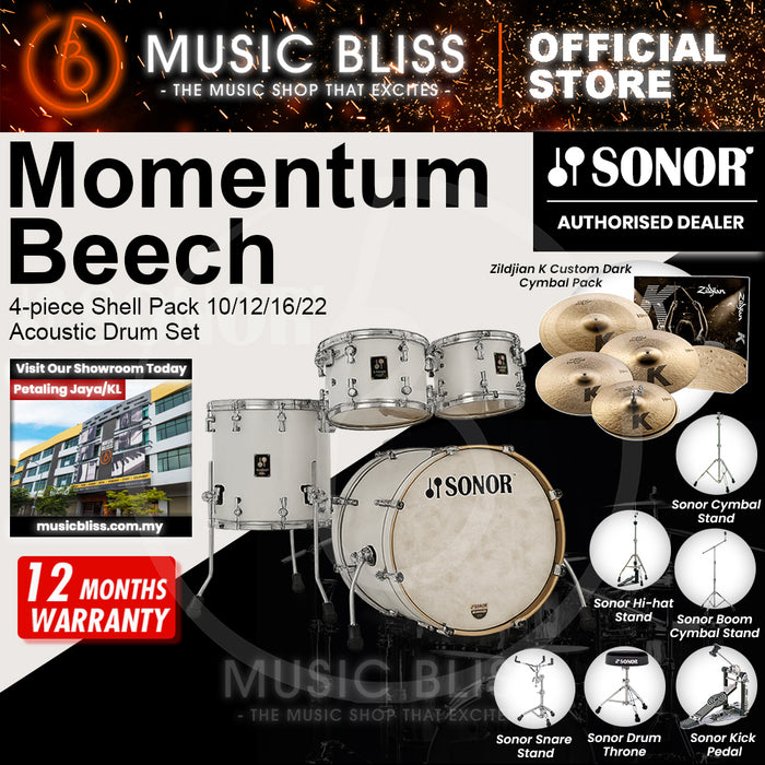 Sonor Momentum Beech 4-piece Shell Pack 10/12/16/22 Acoustic Drum Set - Satin Pure White Lacquered