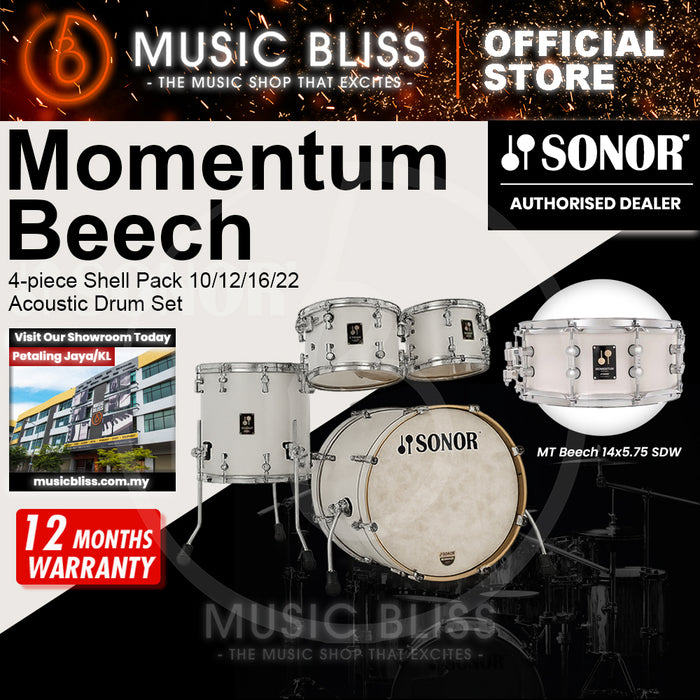 Sonor Momentum Beech 4-piece Shell Pack 10/12/16/22 Acoustic Drum Set - Satin Pure White Lacquered