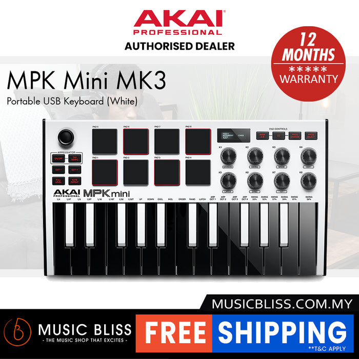 Akai Professional MPK Mini Mk3 Compact MIDI Controller Keyboard - Limited Edition White