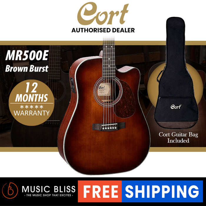 Cort MR500E Solid Top Acoustic Guitar with Bag - Brown Sunburst - Music Bliss Malaysia