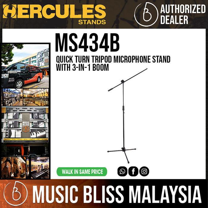 Hercules MS434B Quick Turn Tripod Microphone Stand with 3-in-1 Boom - Music Bliss Malaysia