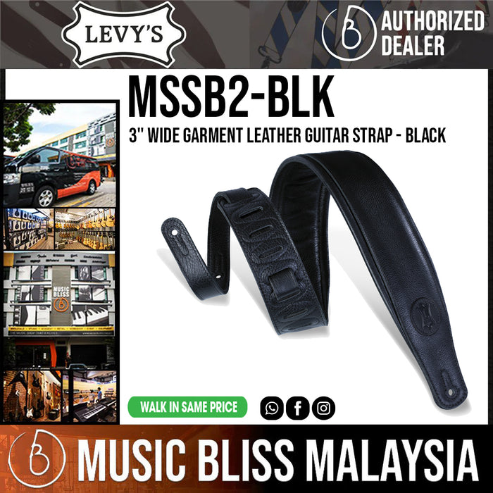 Levy's MSSB2-BLK 3" Wide Black Garment Leather Guitar Strap - Music Bliss Malaysia