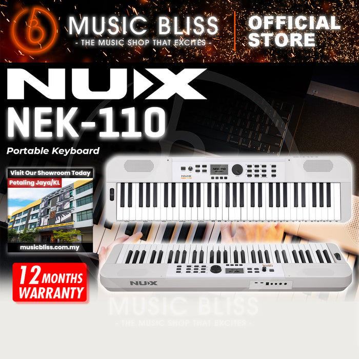 Nux NEK-110 61 Keys Portable Digital Electronic Keyboard with Touch Response and Bluetooth - White